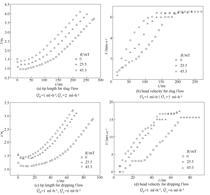 不同磁感應強度對分散相頭部長度及瞬時速度的影響